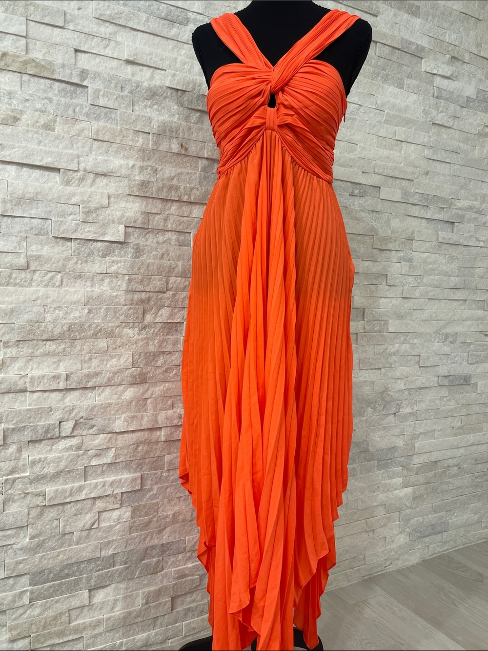 Olivaceous Bright Orange Pleated Twist-Front Slip Dress